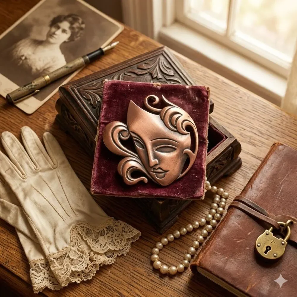 Vintage Style Copper Rose Gold Masquerade Mask Brooch Pin Gift Box 1.5